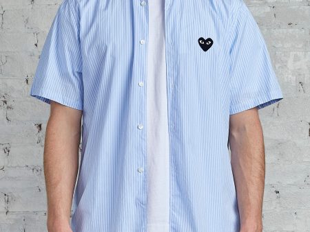 Comme des Garçons PLAY Black Heart Striped Short Sleeve Button Shirt Blue Hot on Sale