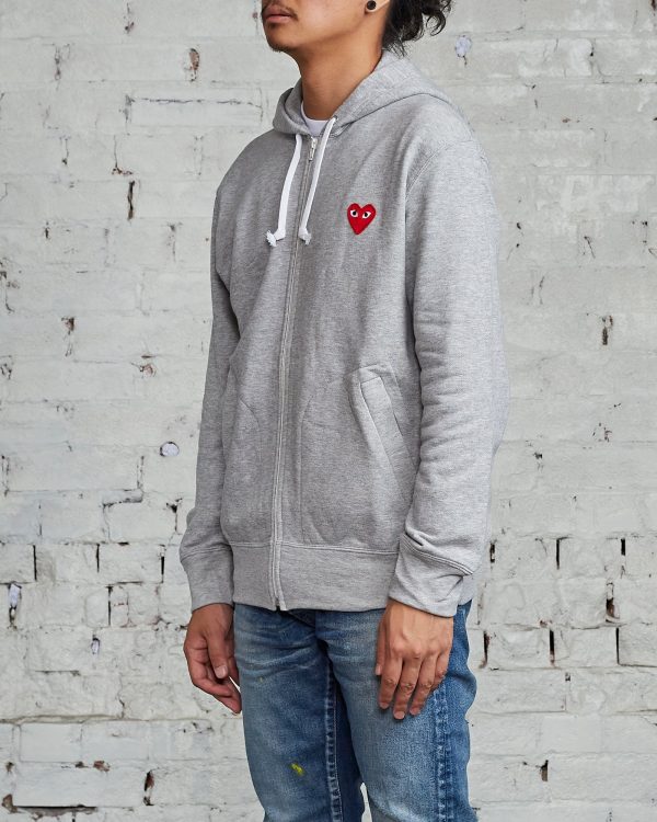 Comme des Garçons PLAY Red Heart Zip Hooded Sweatshirt Grey on Sale