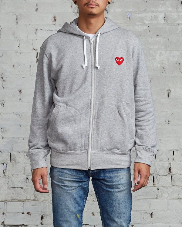 Comme des Garçons PLAY Red Heart Zip Hooded Sweatshirt Grey on Sale