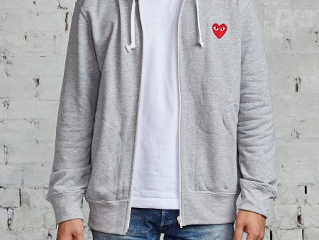 Comme des Garçons PLAY Red Heart Zip Hooded Sweatshirt Grey on Sale