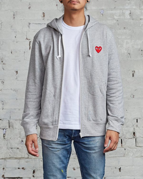 Comme des Garçons PLAY Red Heart Zip Hooded Sweatshirt Grey on Sale