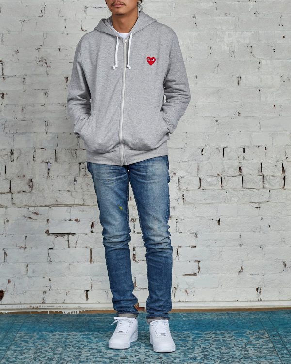 Comme des Garçons PLAY Red Heart Zip Hooded Sweatshirt Grey on Sale