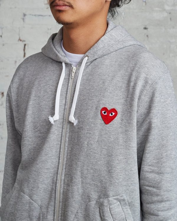 Comme des Garçons PLAY Red Heart Zip Hooded Sweatshirt Grey on Sale