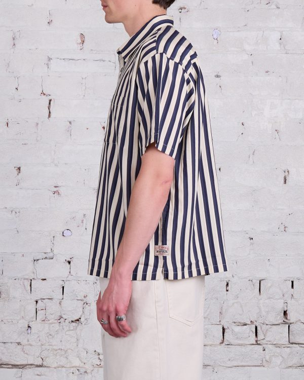 Stussy Flat Bottom Striped SS Button Shirt Navy Cheap